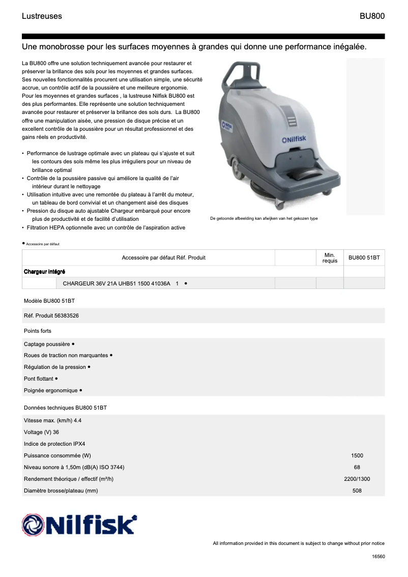 Página 1 del manual Ficha técnica Nilfisk BU800