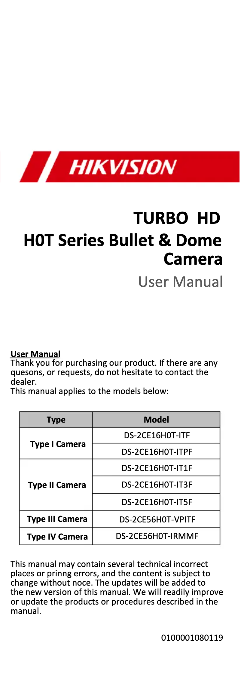 Page 1 de la notice Manuel utilisateur Hikvision DS-2CE16H0T-IT1F