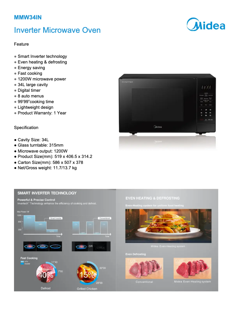 Page 1 de la notice Fiche technique Midea MMW34WH