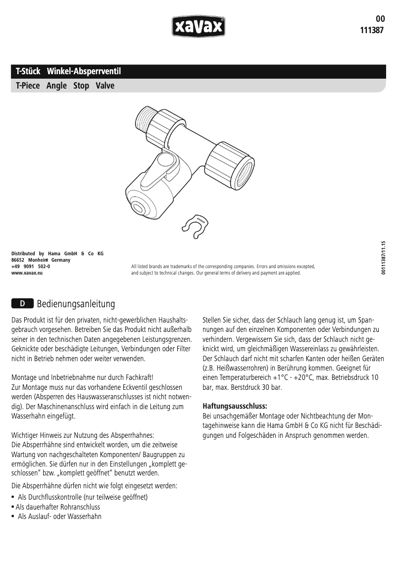 Page 1 de la notice Manuel utilisateur Hama 00111387