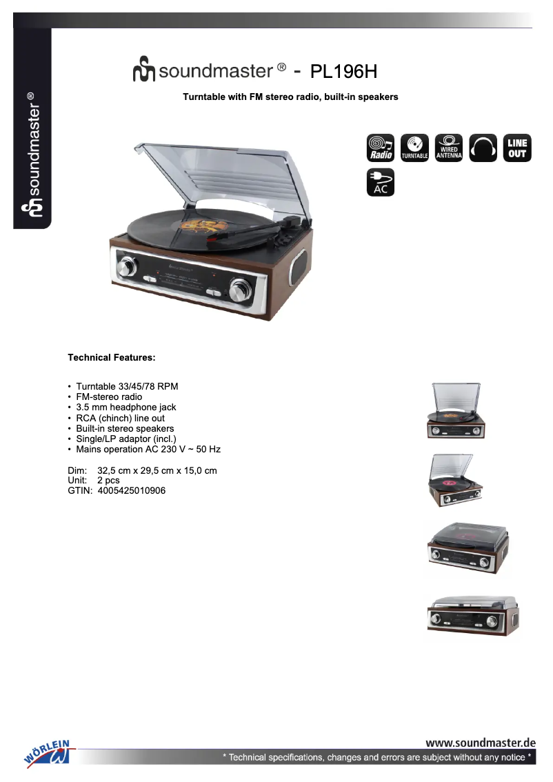 Page 1 de la notice Fiche technique Soundmaster PL196H