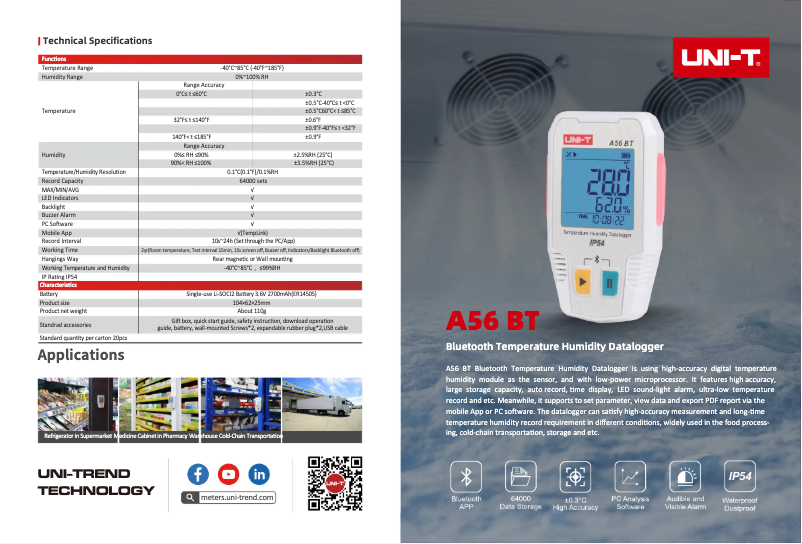 Page 1 de la notice Fiche technique Uni-T A56 BT