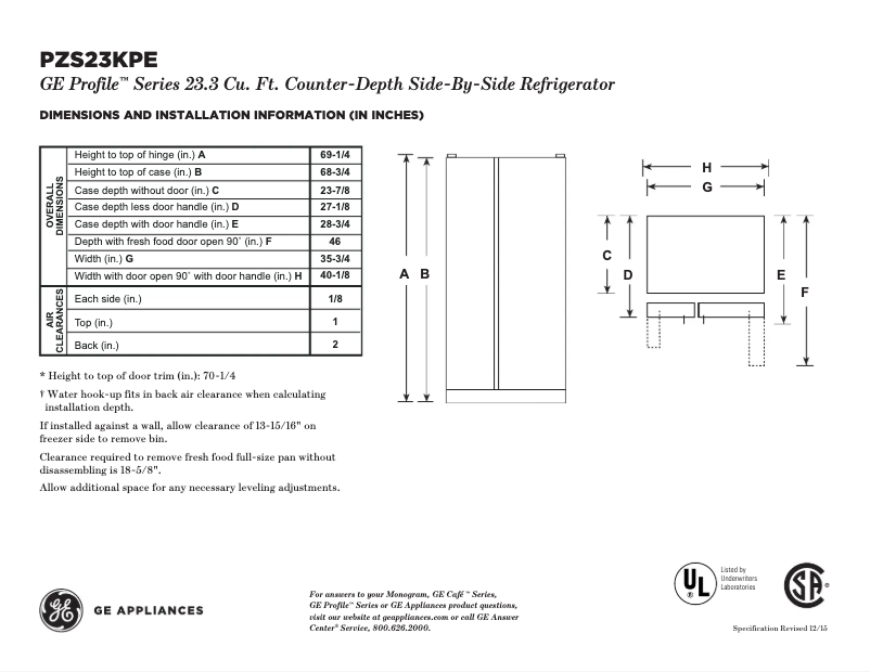 Page n°1 - Fiche technique GE Profile PZS23KPEBV