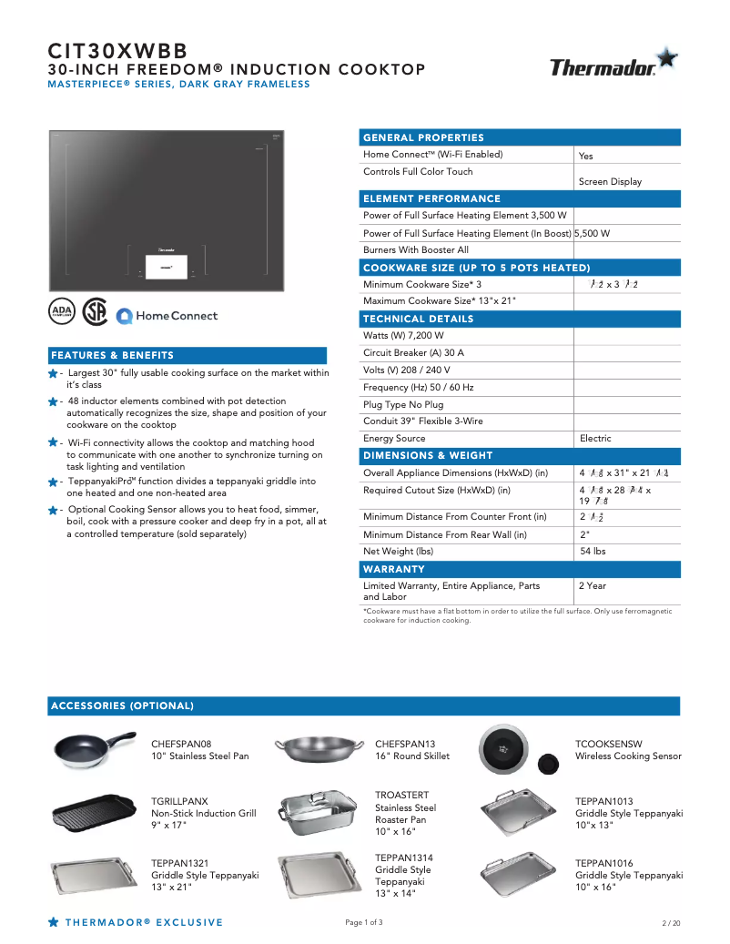 Page 1 de la notice Fiche technique Thermador CIT30XWBB