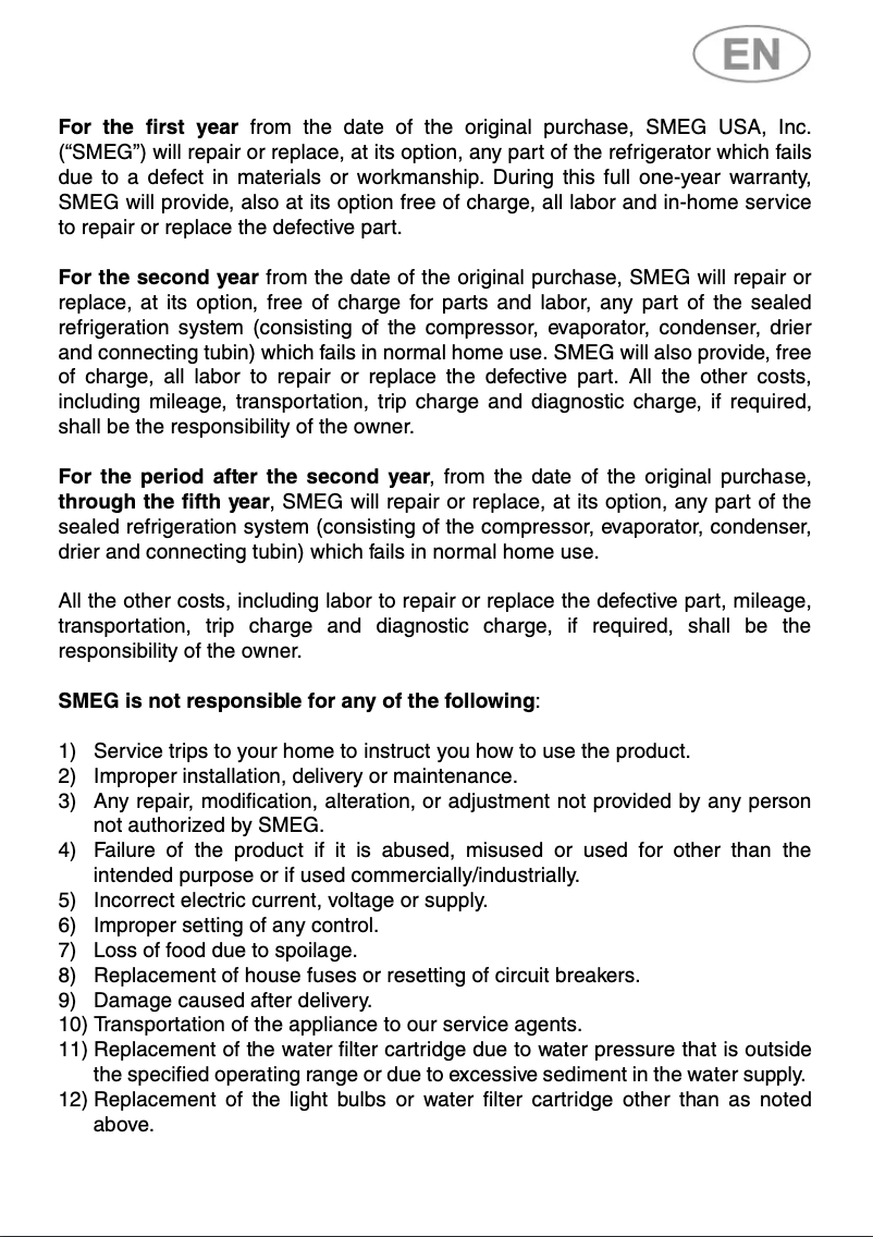 Page 1 de la notice Informations de garantie Smeg CVIU318LX