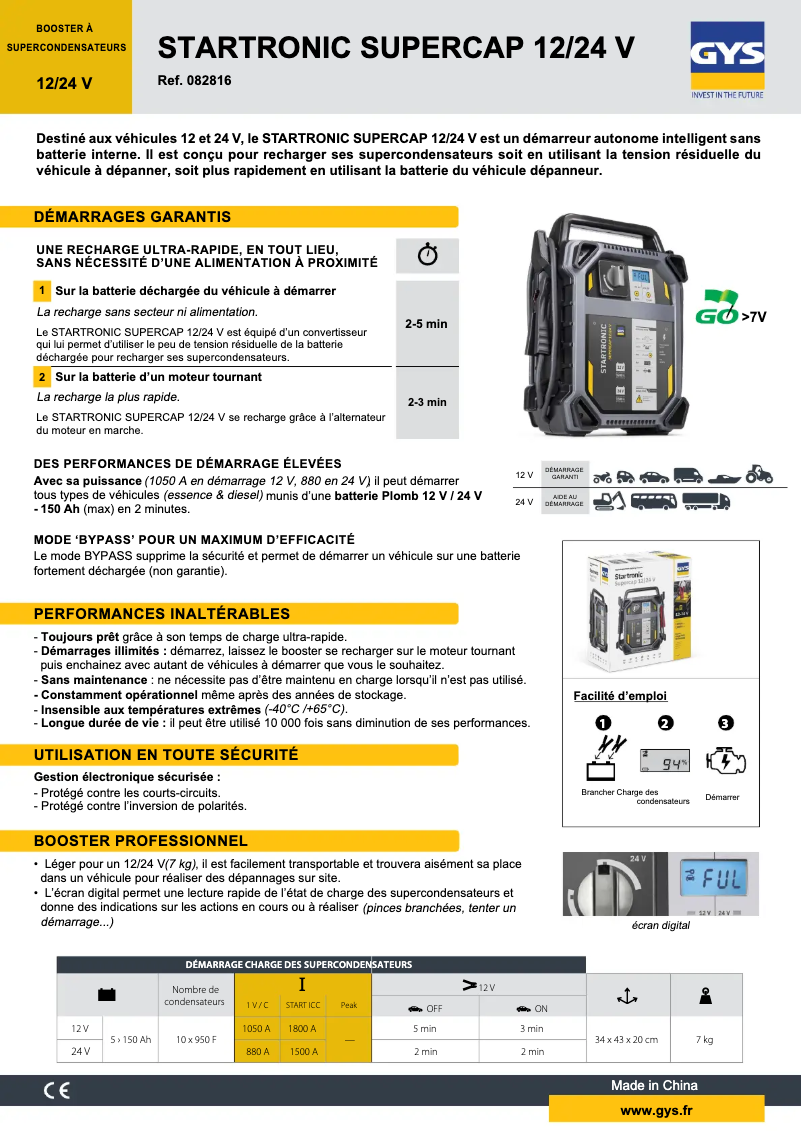 Page 1 of the manual Technical Sheet GYS Startronic Supercap 12/24 V