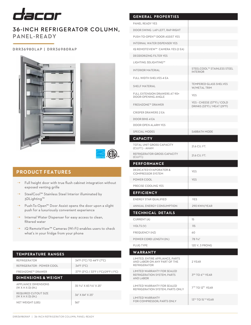 Page 1 de la notice Fiche technique Dacor DRR36980LAP