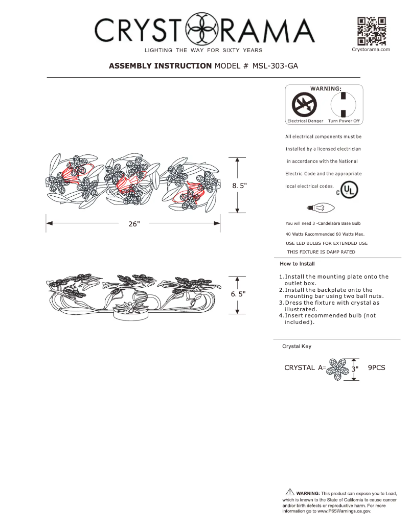 Page 1 de la notice Manuel utilisateur Crystorama Marselle MSL-303-GA