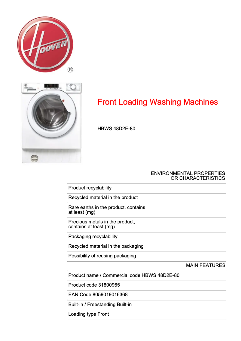 Image de la première page du manuel de l'appareil HBWS 48D2E-80