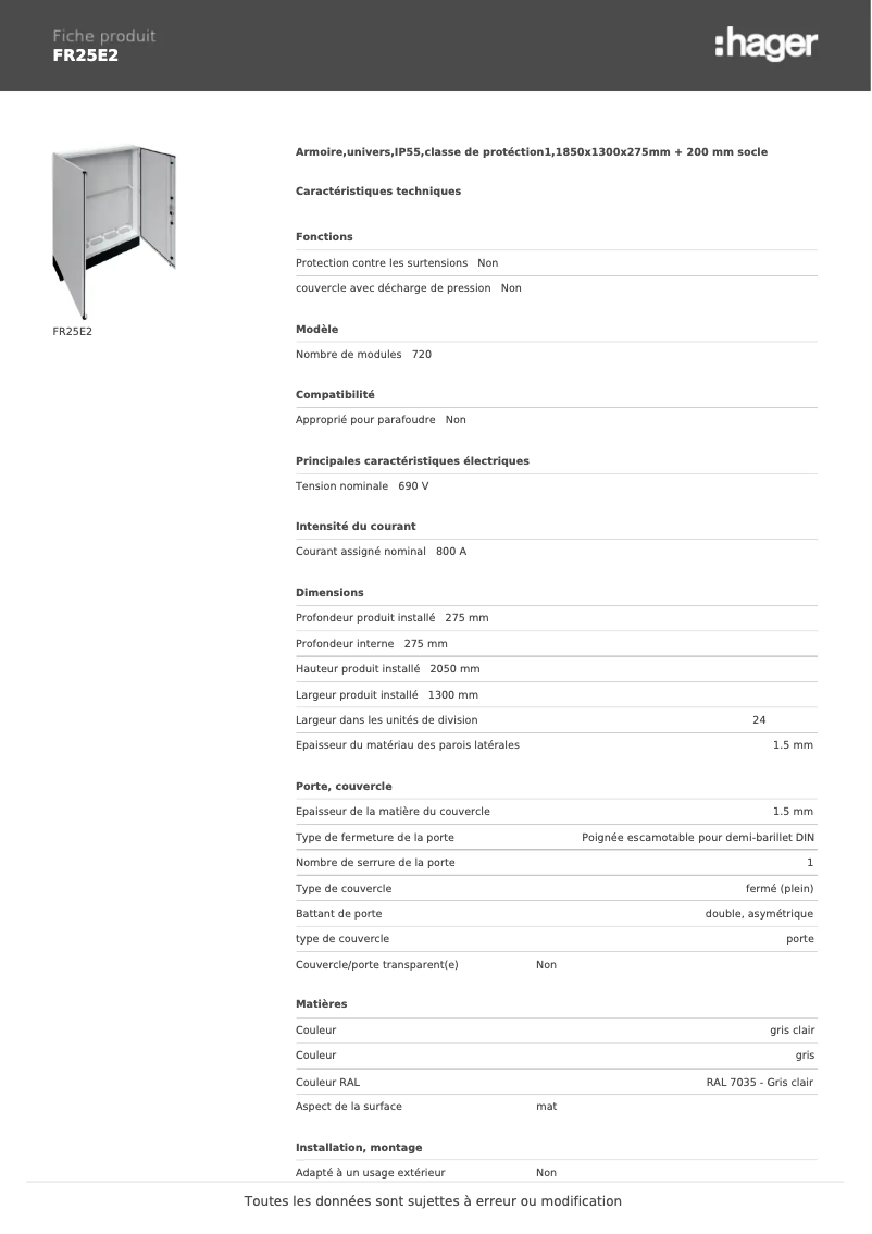 Page 1 de la notice Fiche technique Hager FR25E2
