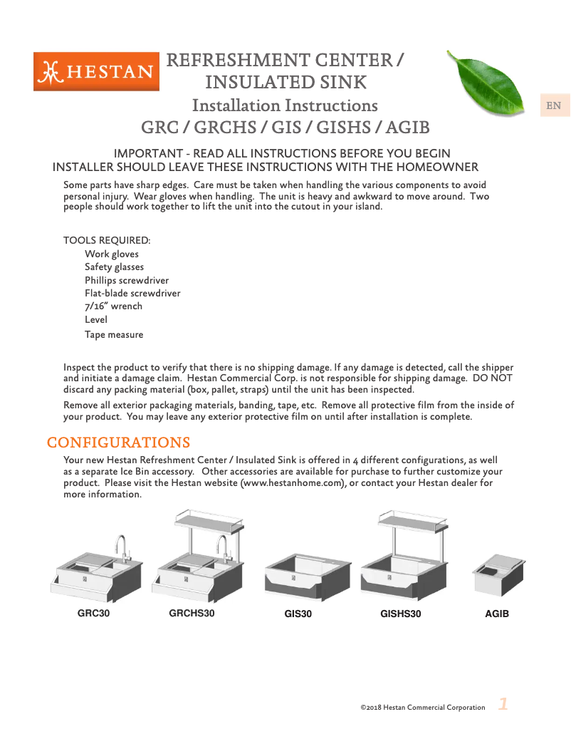 Page 1 de la notice Manuel utilisateur Hestan GRC30