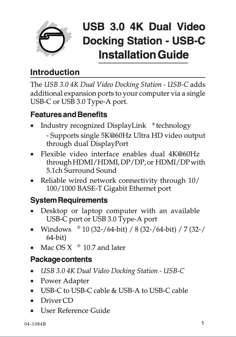 Page n°1 - Manuel utilisateur Siig JU-DK0411-S1