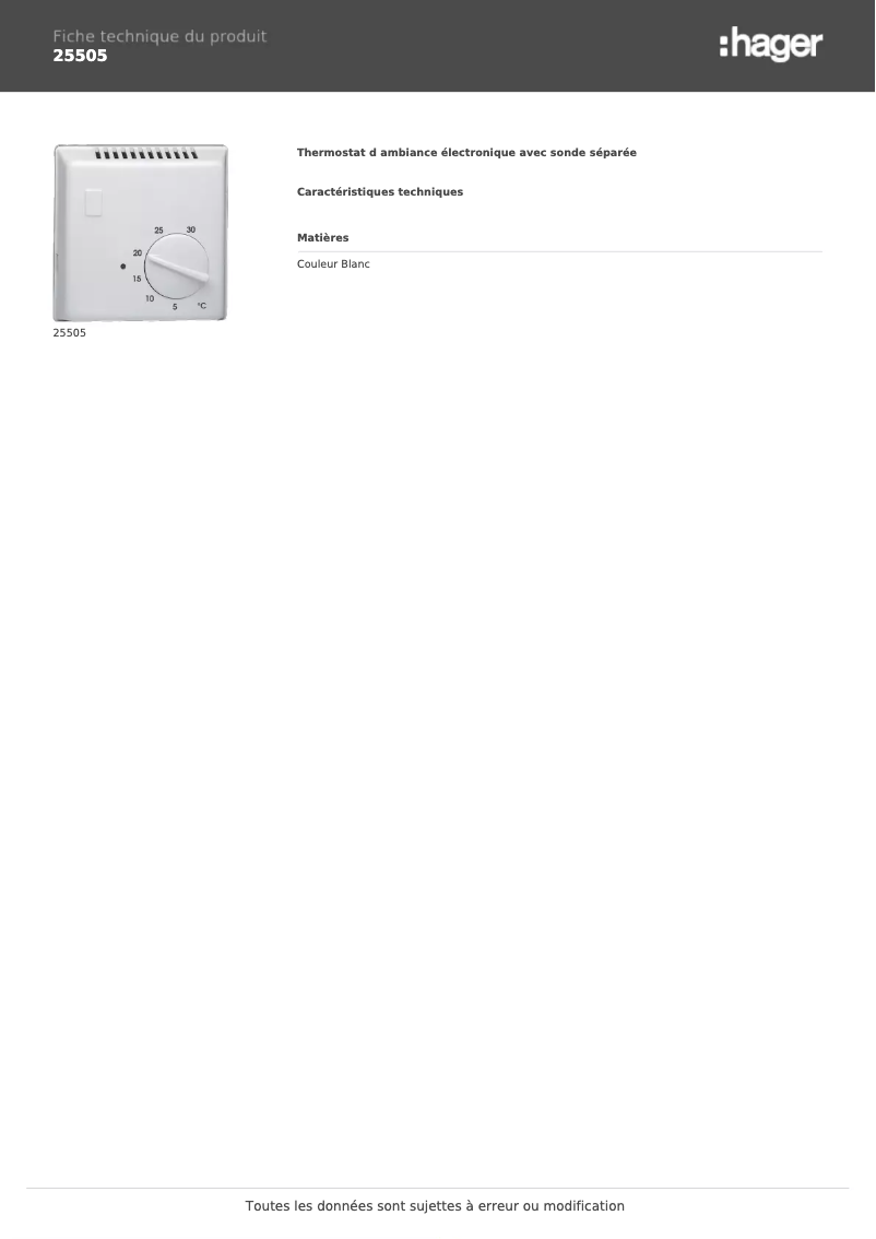 Page 1 de la notice Fiche technique Hager 25505