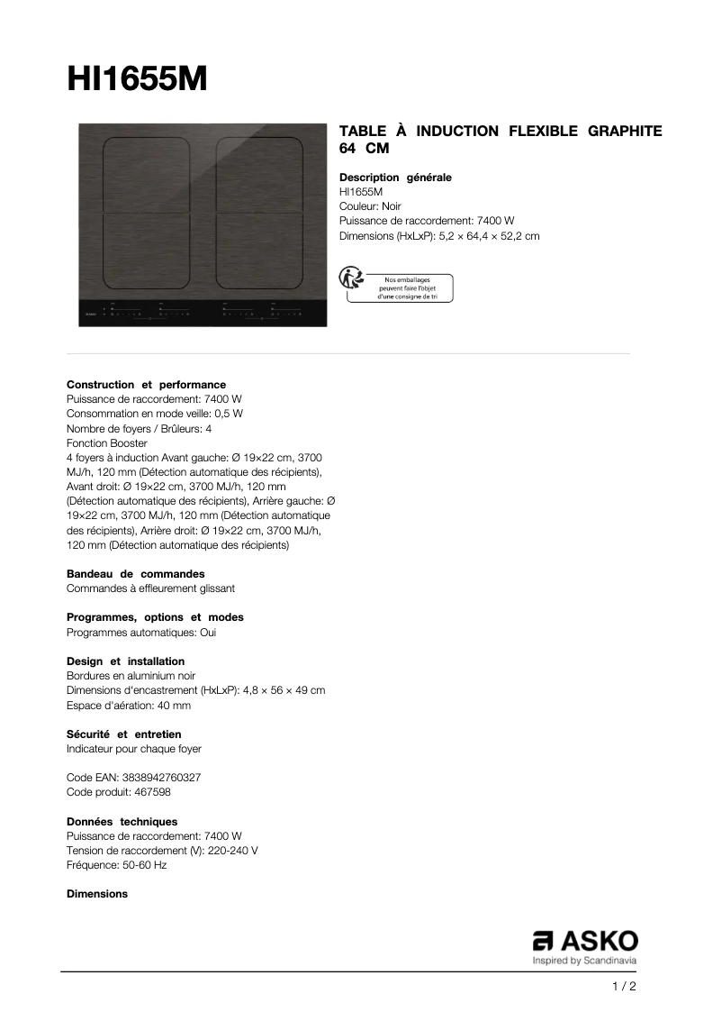 Page n°1 - Fiche technique Asko HI1655M
