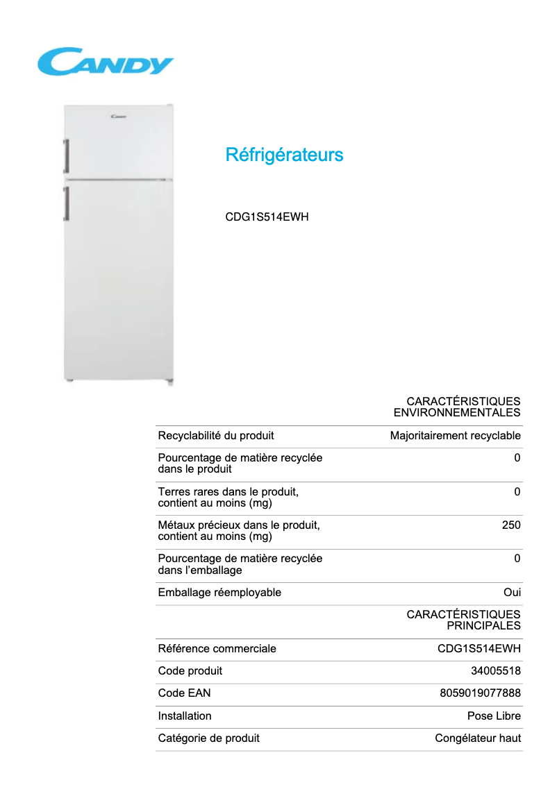 Page 1 de la notice Fiche technique Candy CDG1S514EWH
