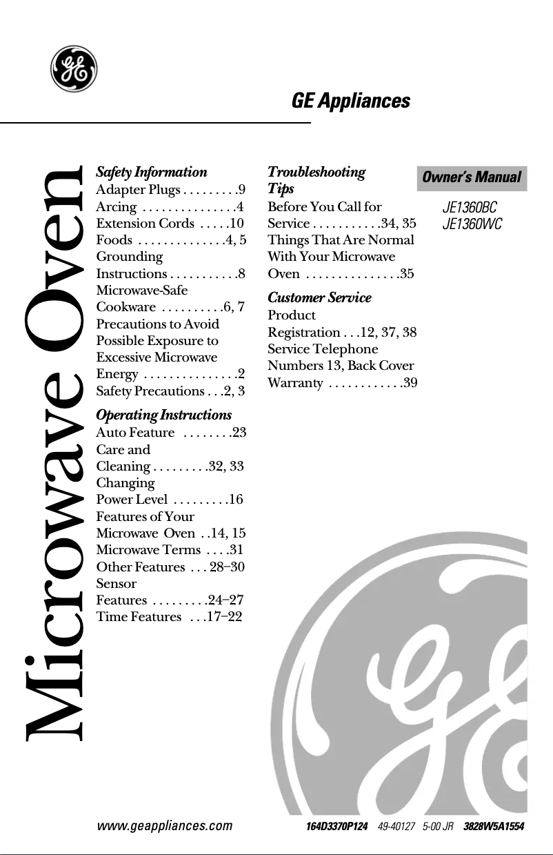 Page 1 of the manual Use and Maintenance Manual GE Profile JE1360BC