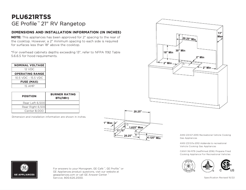 Page n°1 - Fiche technique GE Profile PLU621DTBB