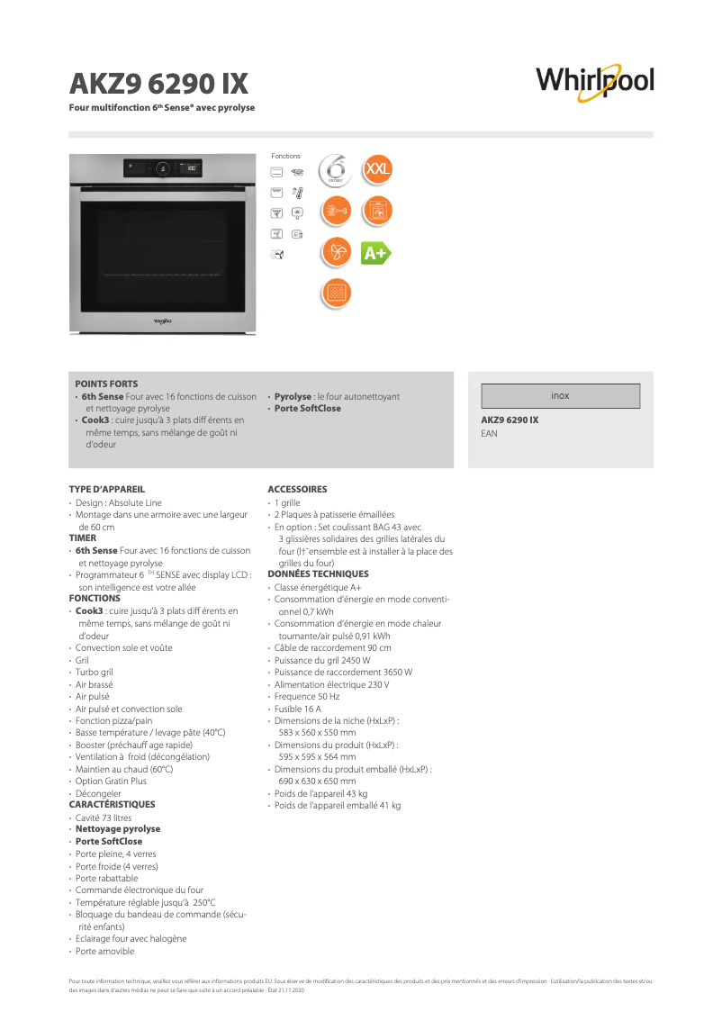 Page 1 de la notice Fiche technique Whirlpool AKZ9 6290 IX