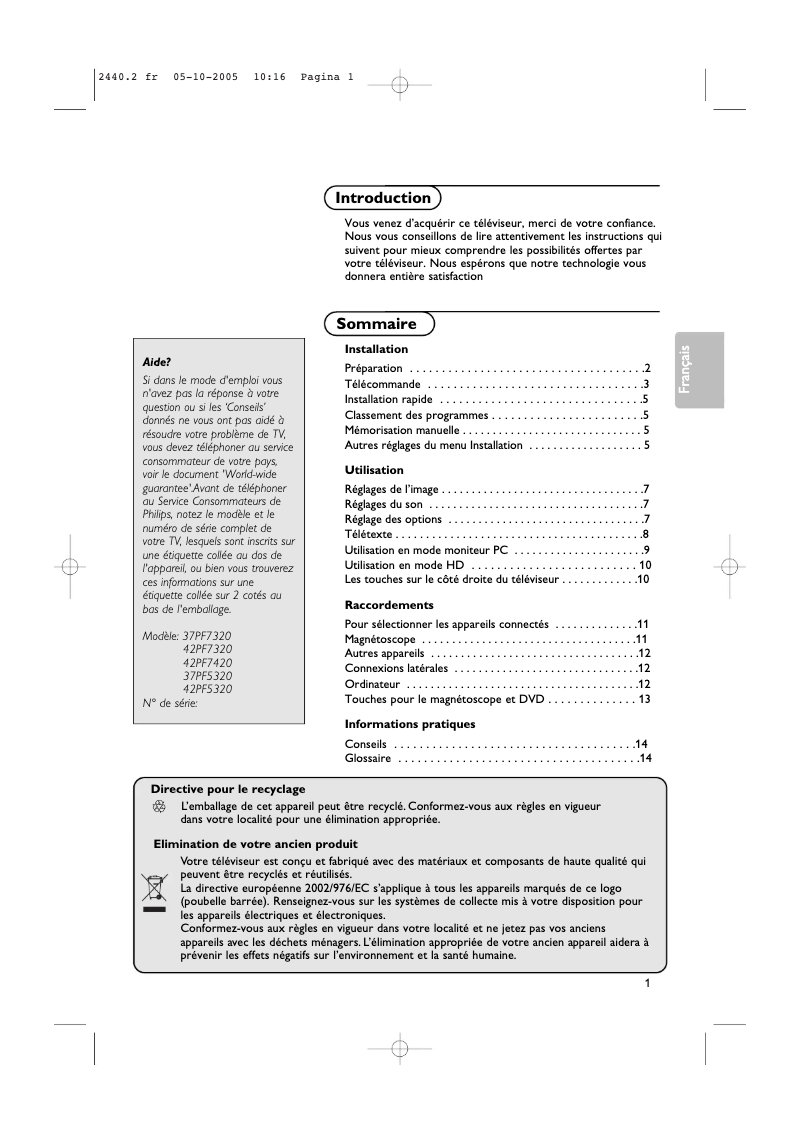 Imagen de la primera página del manual del dispositivo 42PF5320