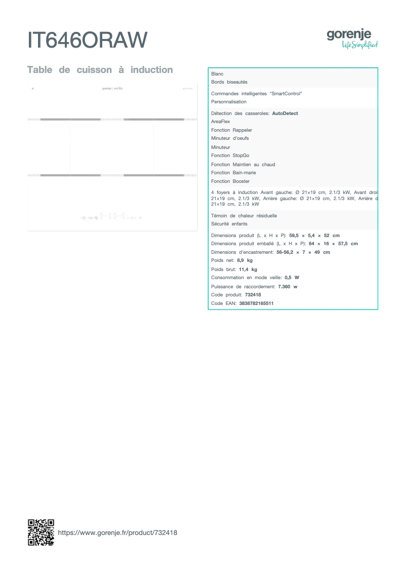 Page n°1 - Fiche technique Gorenje IT646ORAW
