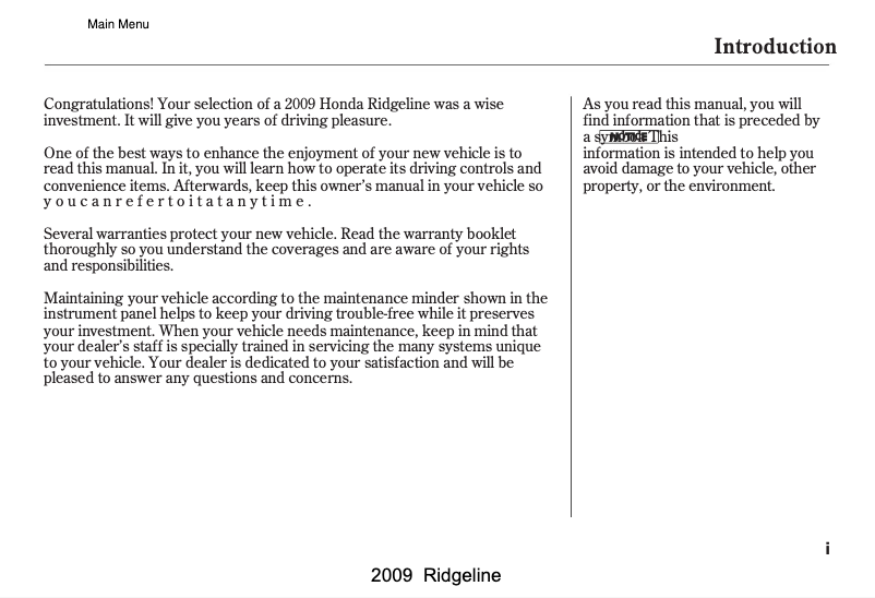 Page 1 de la notice Manuel utilisateur Honda Ridgeline (2009)