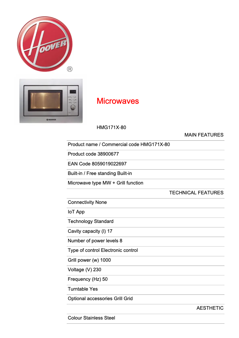 Page n°1 - Fiche technique Hoover HMG171X-80