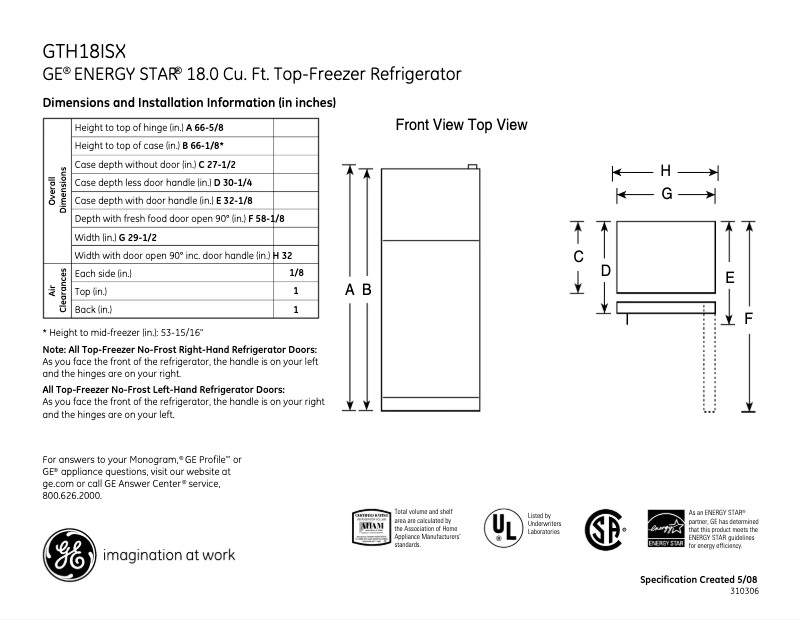 Page n°1 - Fiche technique GE GTH18ISXSS