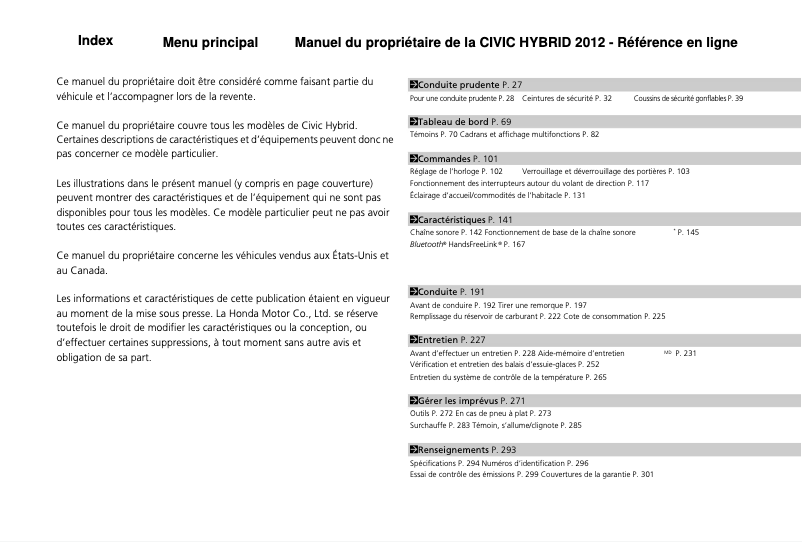 Page 1 de la notice Manuel utilisateur Honda Civic Hybrid (2012)