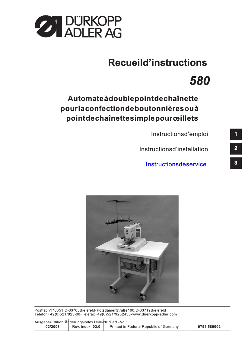 Page 1 de la notice Manuel utilisateur Dürkopp Adler 580