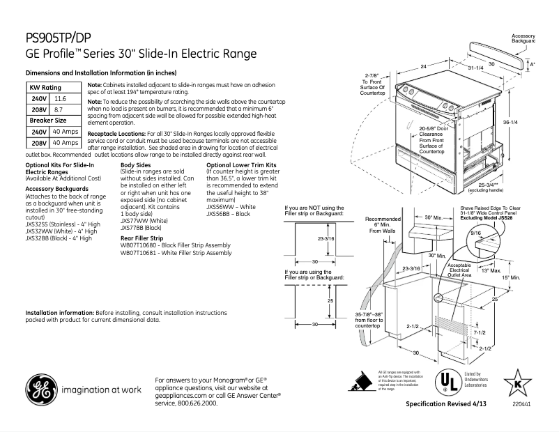 Page n°1 - Fiche technique GE Profile PS905TPWW