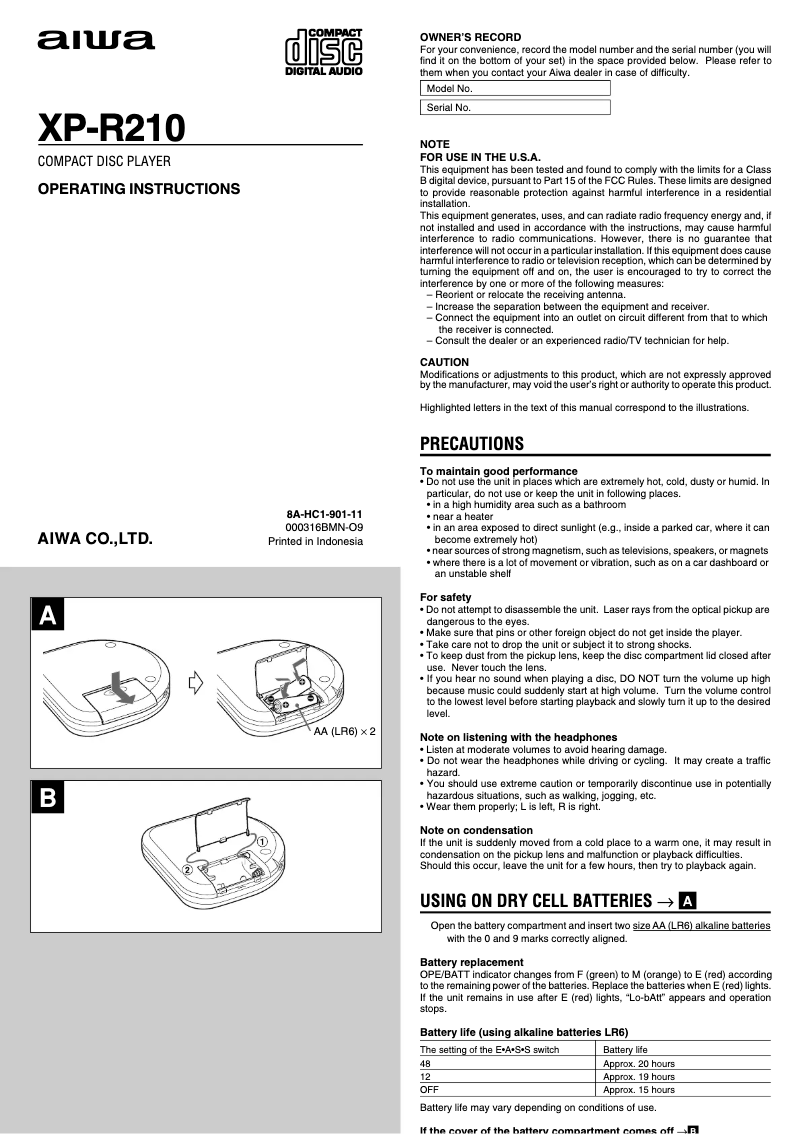 Page n°1 - Manuel utilisateur Aiwa XP-R210