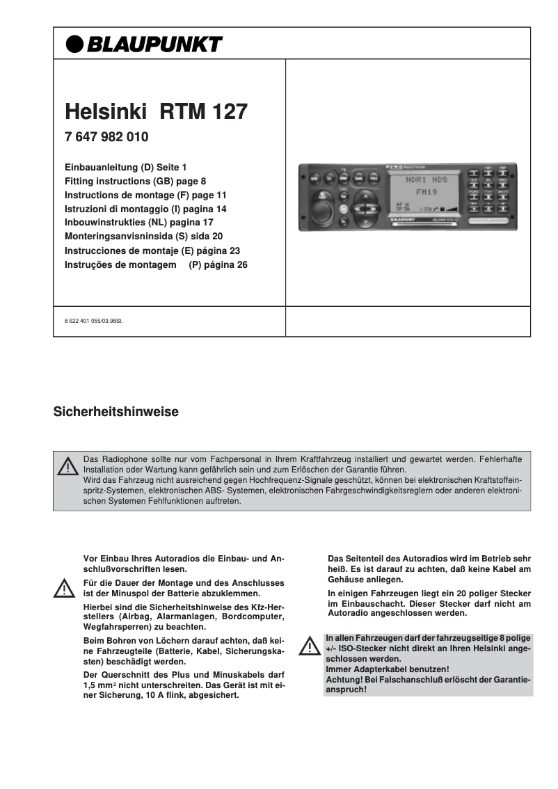 Page 1 de la notice Manuel utilisateur Blaupunkt Helsinki RTM 127