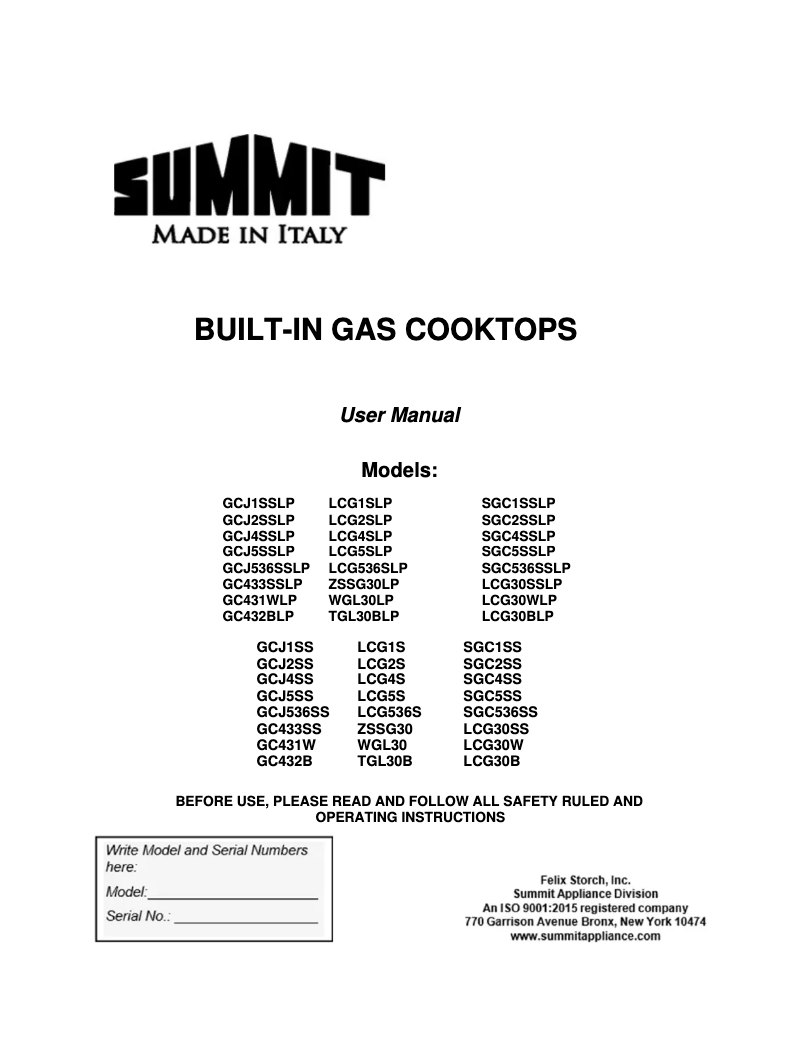 Page 1 de la notice Manuel d'utilisation et d'entretien Summit GCJ2SS