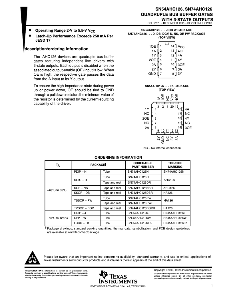 Page 1 de la notice Manuel utilisateur Texas Instruments SN74AHC126N