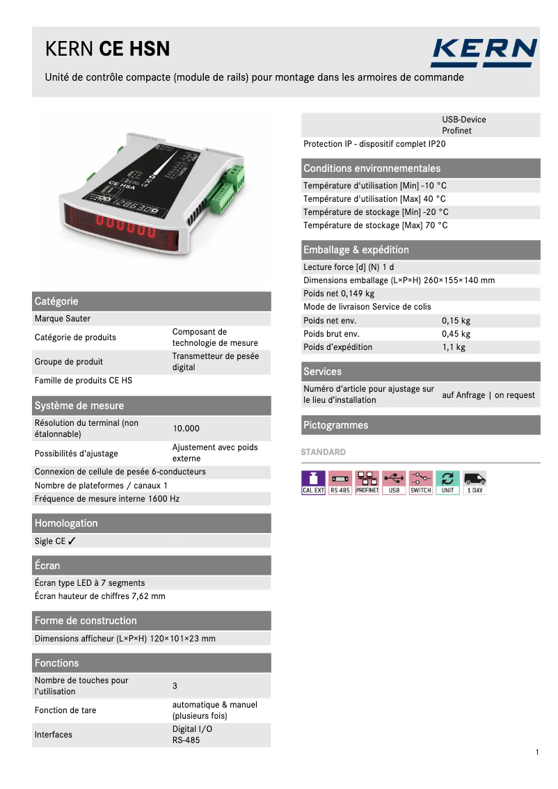 Page 1 de la notice Fiche technique Kern CE HSN