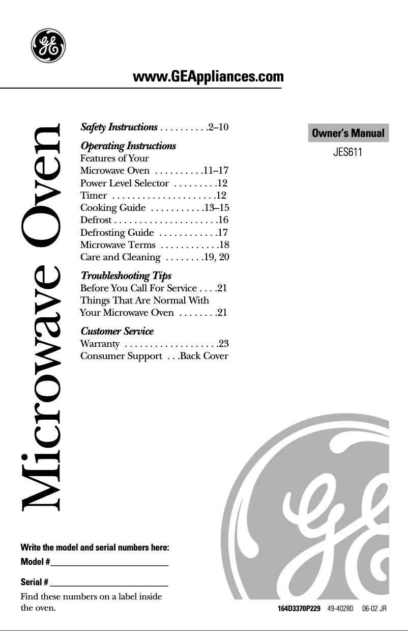 Page 1 de la notice Manuel utilisateur GE JES611WF