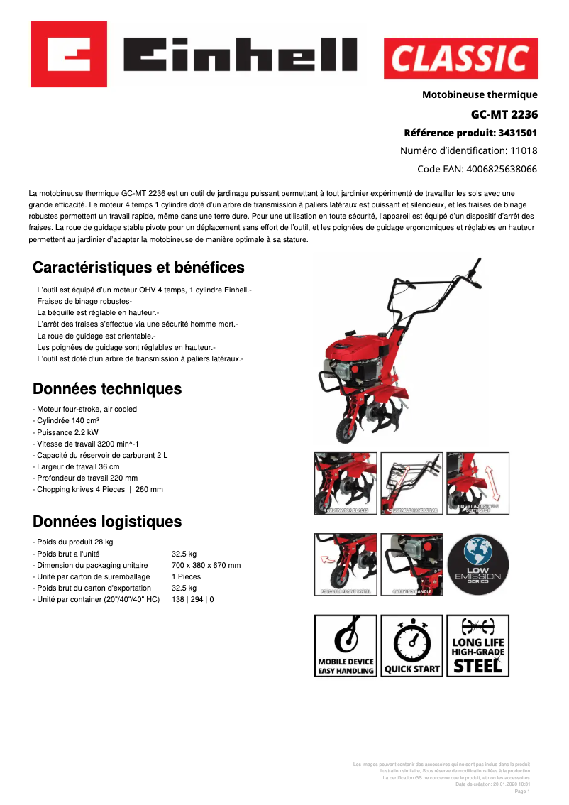 Page n°1 - Fiche technique Einhell GC-MT 2236