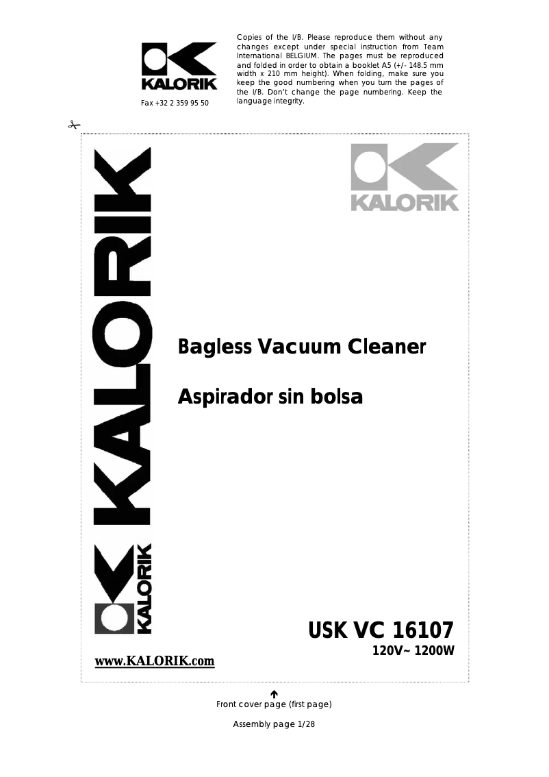 Page 1 de la notice Manuel utilisateur Kalorik VC 16107