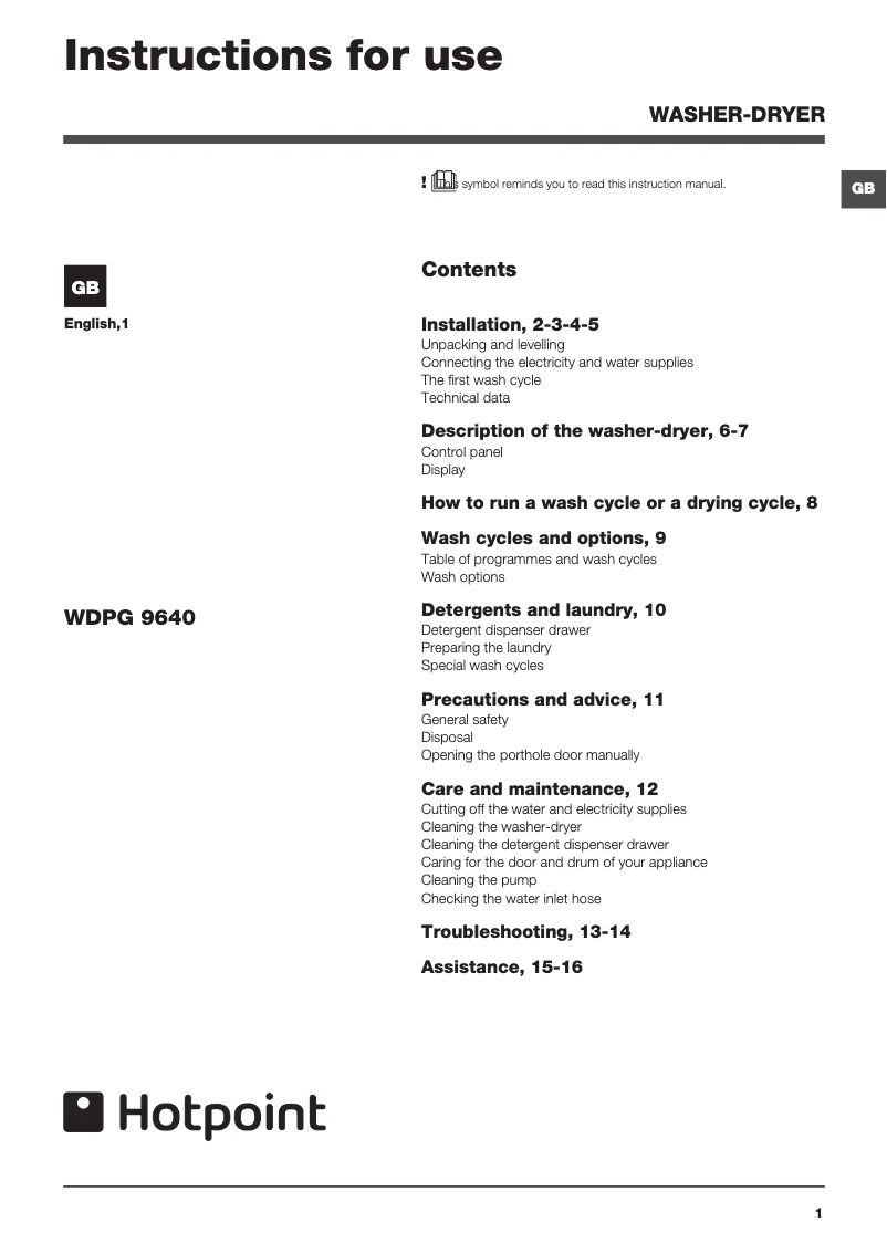 Page 1 de la notice Manuel utilisateur Hotpoint WDPG 9640P UK