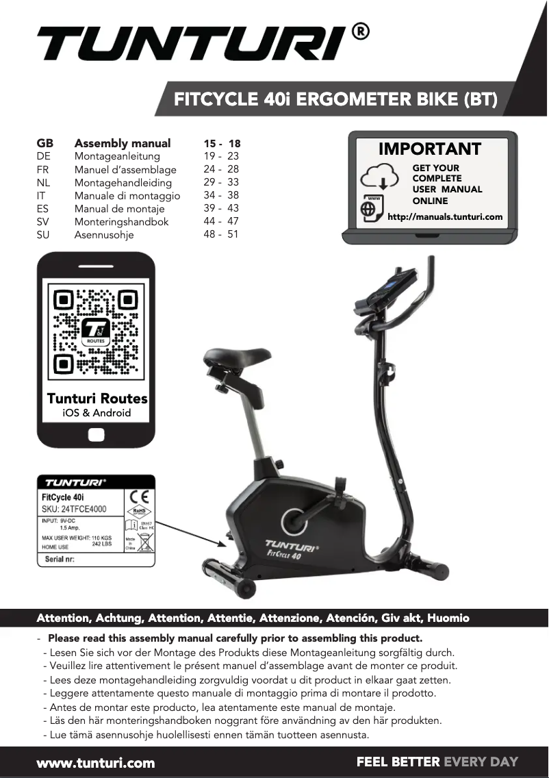 Page n°1 - Manuel utilisateur Tunturi FitCycle 40i