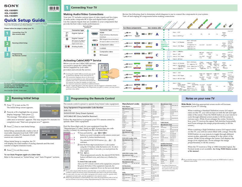 Page 1 de la notice Guide d'installation Sony KDL-V26XBR1