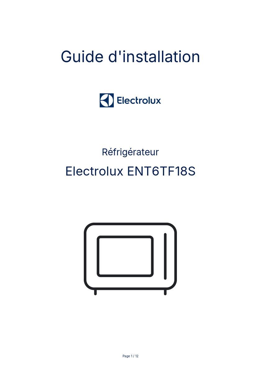 Page n°1 - Guide d'installation Electrolux ENT6TF18S