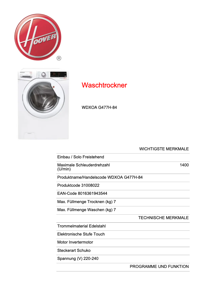 Page n°1 - Manuel utilisateur Hoover WDXOA G477H-84