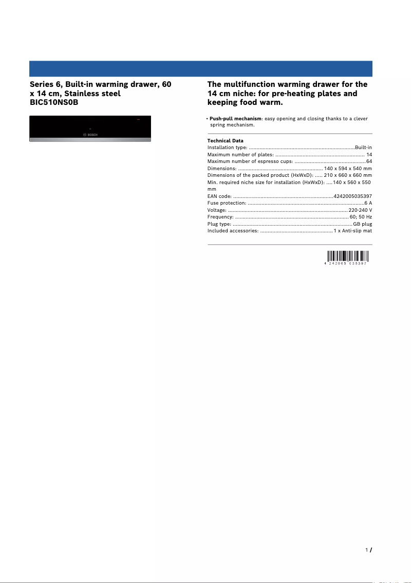 Page 1 de la notice Fiche technique Bosch BIC510NS0B