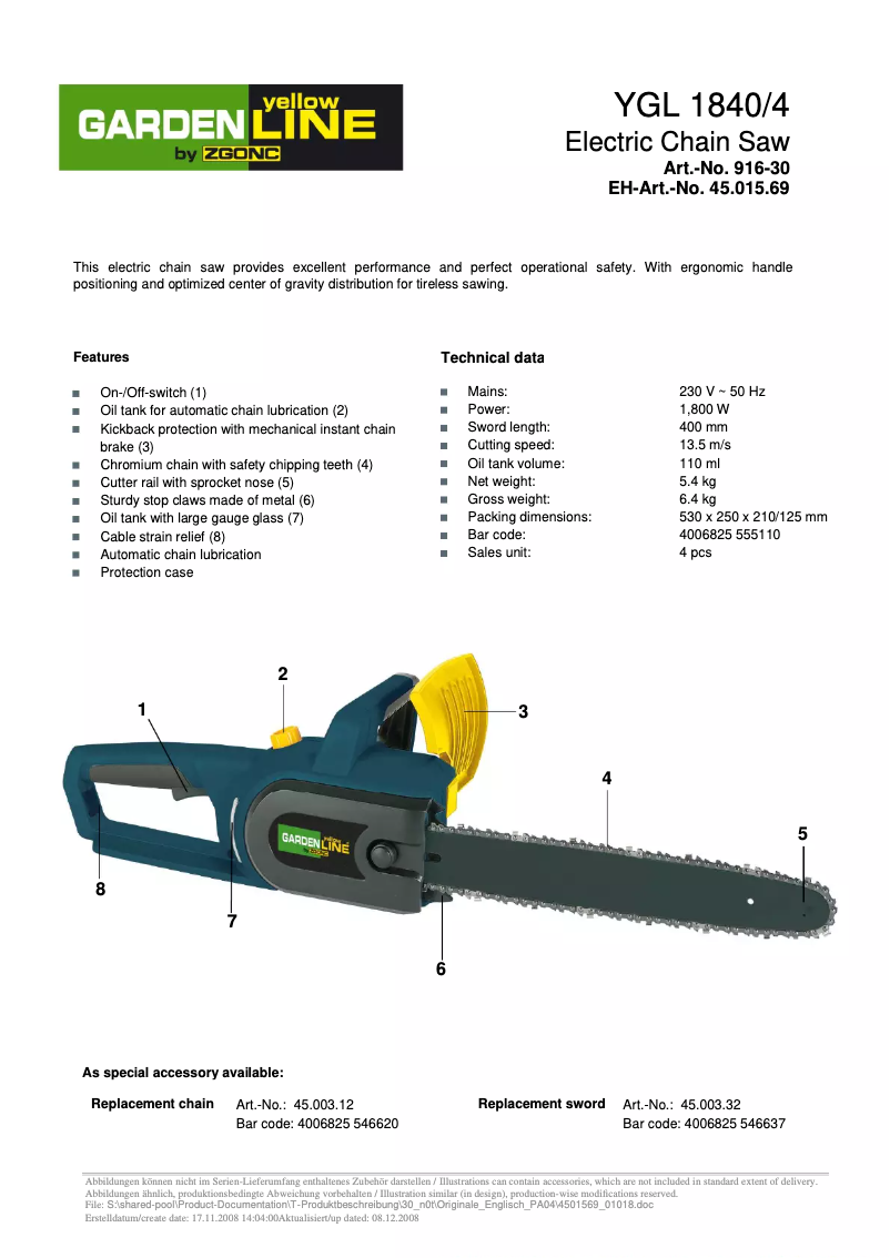 Image de la première page du manuel de l'appareil YGL 1840/4