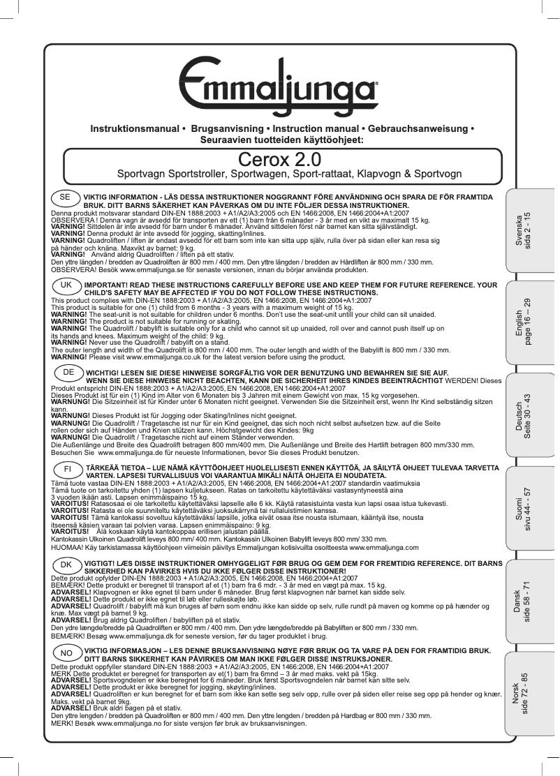 Page n°1 - Manuel utilisateur Emmaljunga Cerox 2.0