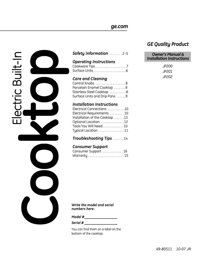 Page 1 of the manual Instruction Manual GE JP201CBSS