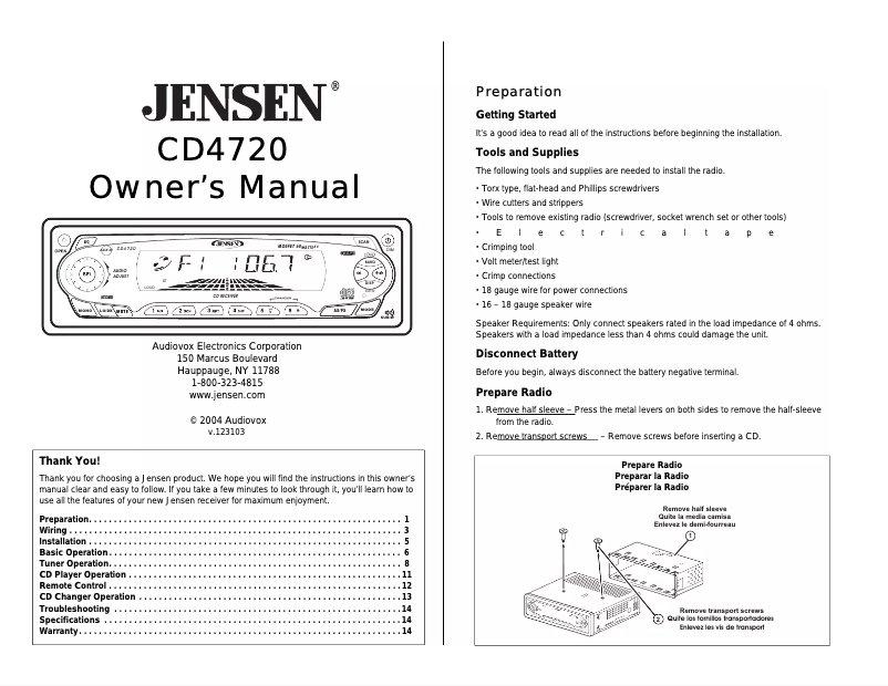Page 1 de la notice Manuel utilisateur Jensen CD4720