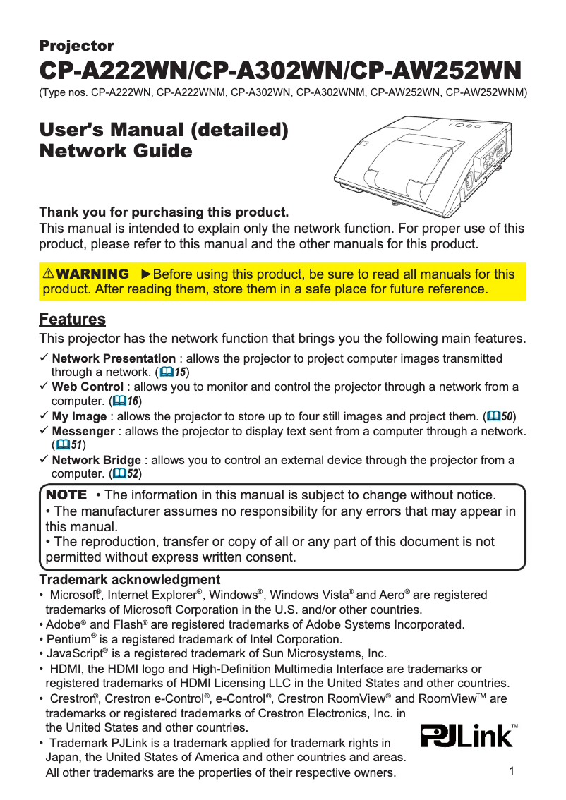 Image de la première page du manuel de l'appareil CP-AW252WNM