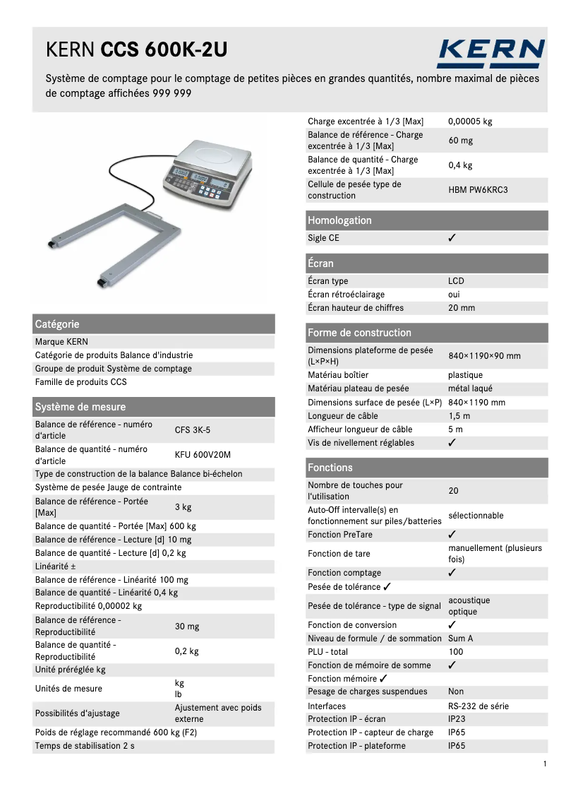 Page n°1 - Fiche technique Kern CCS 600K-2U